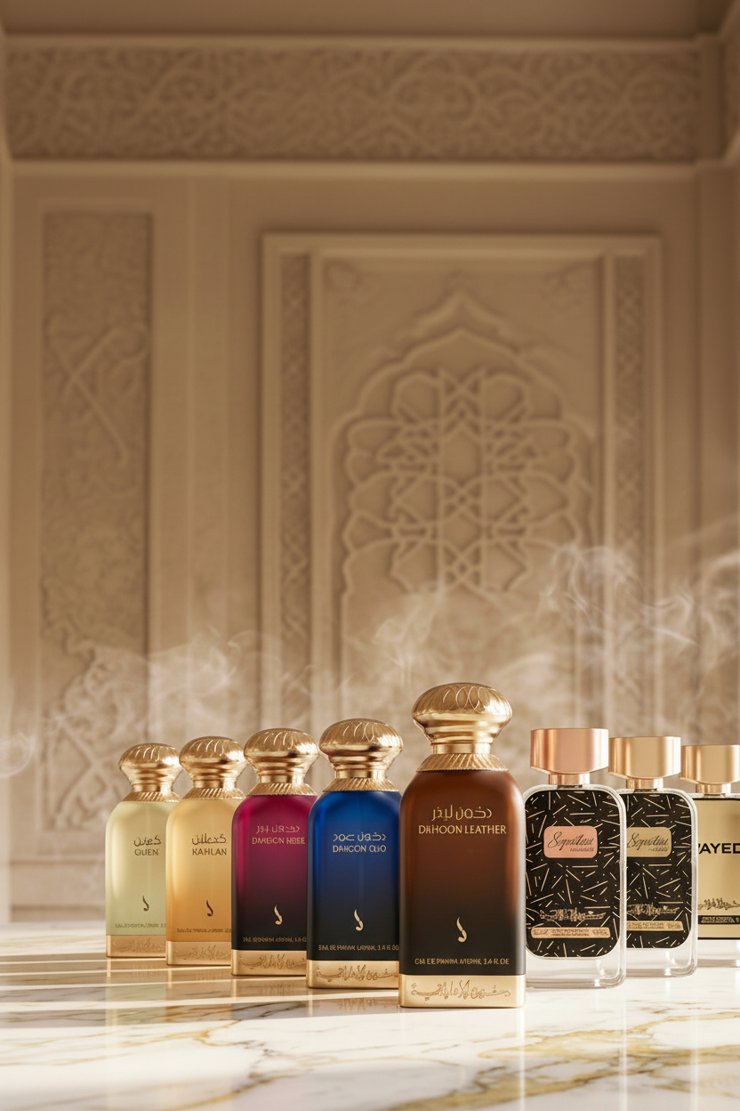A lineup of luxury Arabic perfume bottles with gold caps and ornate labels, arranged on a polished marble surface with soft smoke rising against an elegant patterned beige background.
