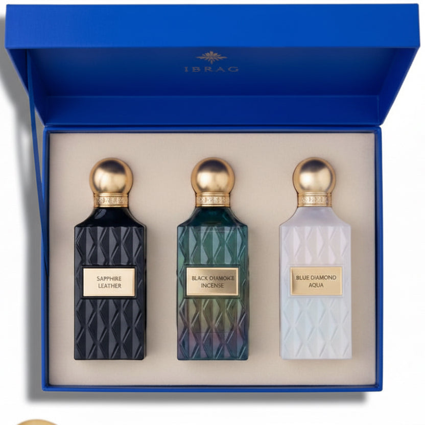 IBRAQ Diamond Collection 3x75ml Sapphire Leather, Blue Diamond Aqua, Black Diamond Incense - AugustSa Shop